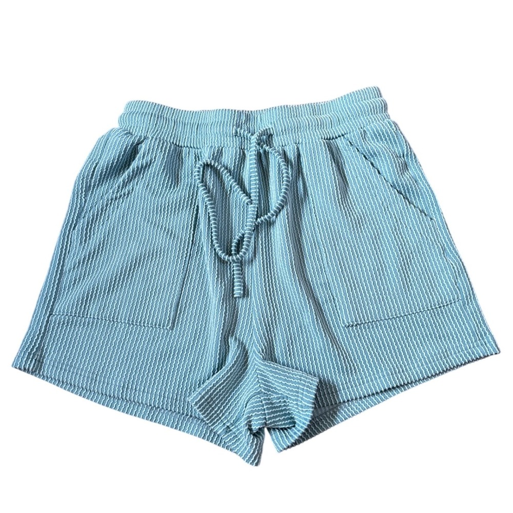 Waffle Knit Shorts Women Blue Striped Drawstring Casual SIZE Medium